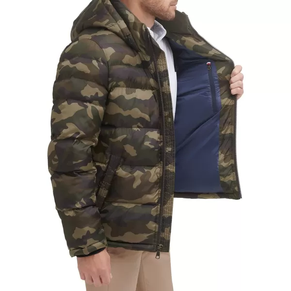 Tommy Hilfiger Mens Hooded Puffer JacketOlive Camouflage