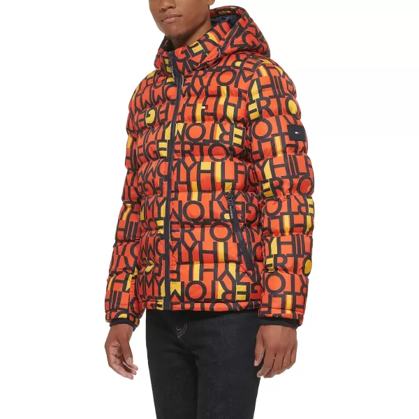 Tommy Hilfiger Mens Hooded Puffer JacketOrange Abstract Logo