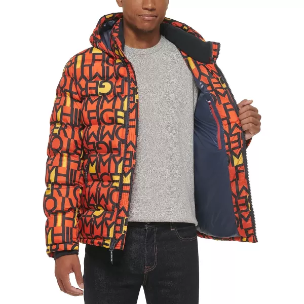 Tommy Hilfiger Mens Hooded Puffer JacketOrange Abstract Logo