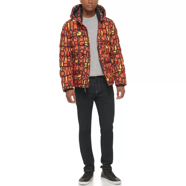 Tommy Hilfiger Mens Hooded Puffer JacketOrange Abstract Logo