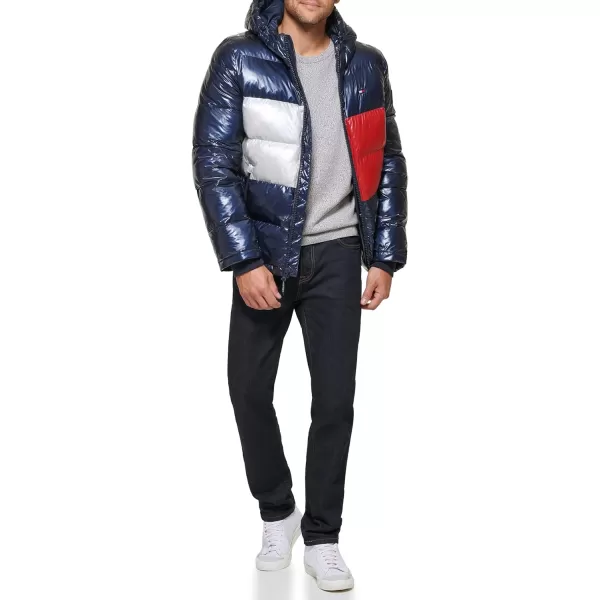 Tommy Hilfiger Mens Hooded Puffer JacketPearlized Navy Tommy Flag