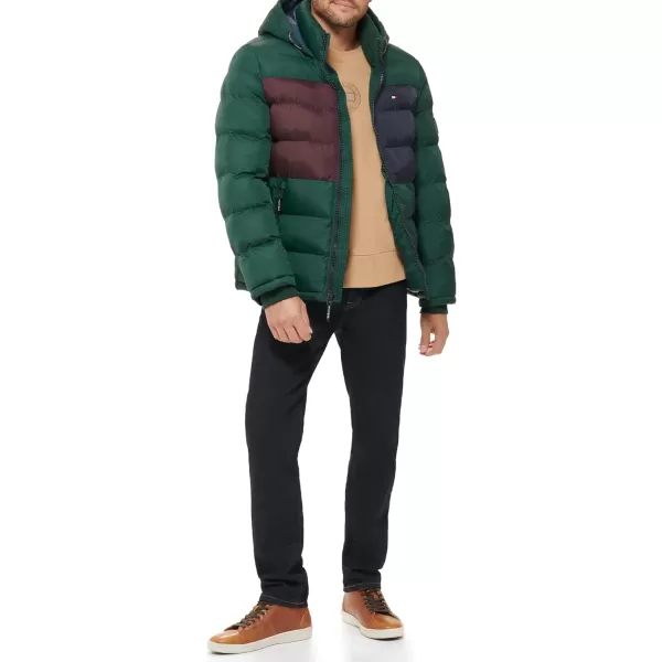 Tommy Hilfiger Mens Hooded Puffer JacketPine Colorblock