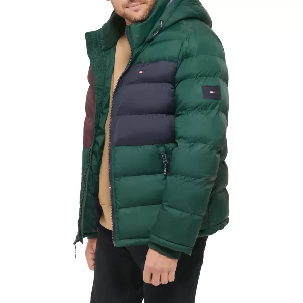 Tommy Hilfiger Mens Hooded Puffer JacketPine Colorblock