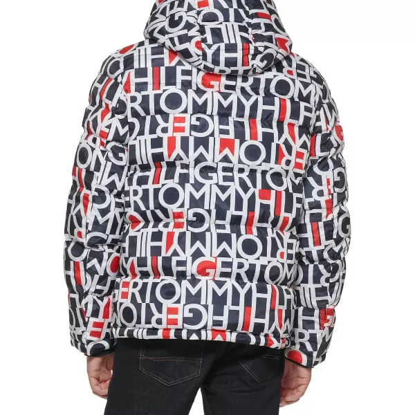 Tommy Hilfiger Mens Hooded Puffer JacketRed White Blue Abstract Logo