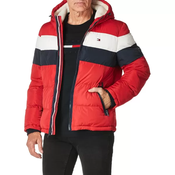 Tommy Hilfiger Mens Hooded Puffer JacketRedIceNavy Poly Tech