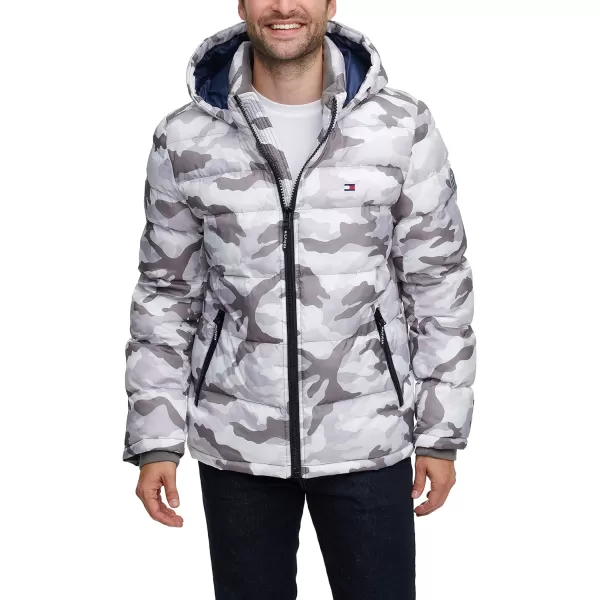 Tommy Hilfiger Mens Hooded Puffer JacketWhite Camo