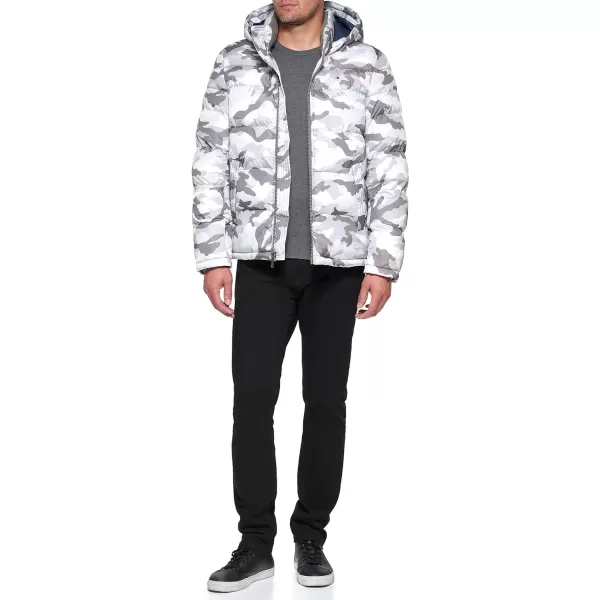 Tommy Hilfiger Mens Hooded Puffer JacketWhite Camouflage