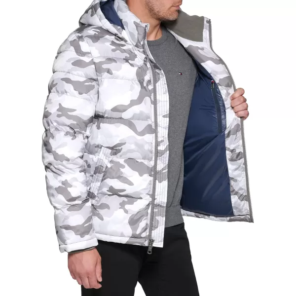 Tommy Hilfiger Mens Hooded Puffer JacketWhite Camouflage