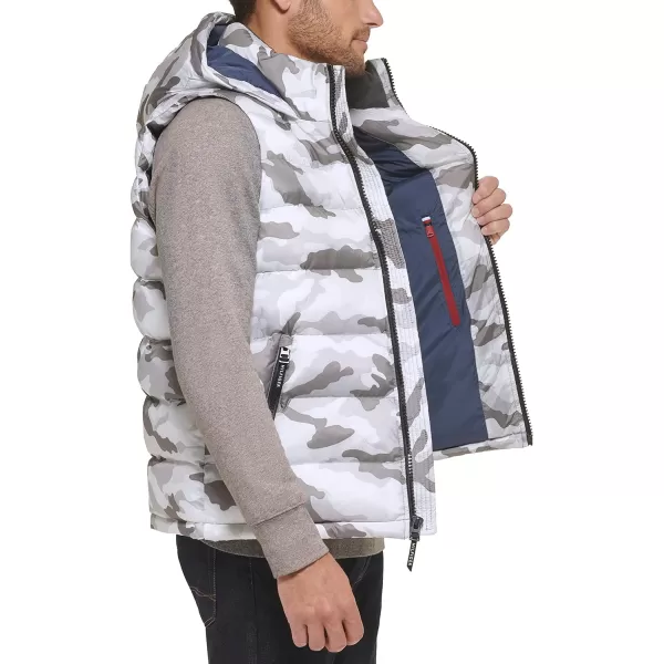 Tommy Hilfiger Mens Hooded Puffer VestWhite Camouflage