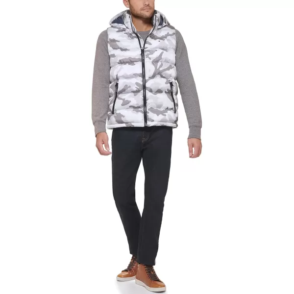 Tommy Hilfiger Mens Hooded Puffer VestWhite Camouflage