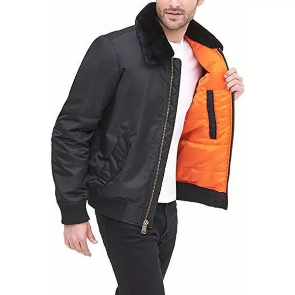 Tommy Hilfiger Mens Laydown Officer Jacket With Attached Pile CollarStandard Black W Flag Patch