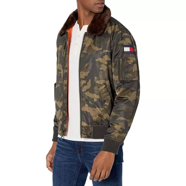 Tommy Hilfiger Mens Laydown Officer Jacket With Attached Pile CollarStandard Camo W Flag Patch