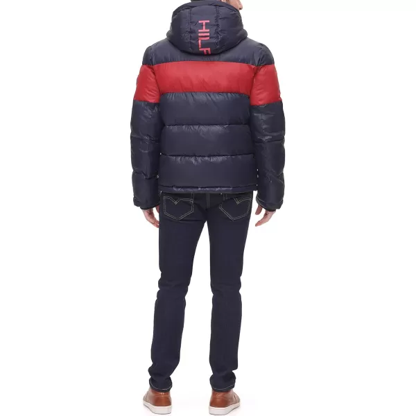 Tommy Hilfiger Mens Legacy Hooded Puffer JacketNavyRed Colorblock