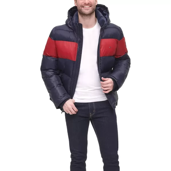 Tommy Hilfiger Mens Legacy Hooded Puffer JacketNavyRed Colorblock