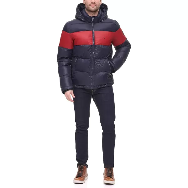 Tommy Hilfiger Mens Legacy Hooded Puffer JacketNavyRed Colorblock