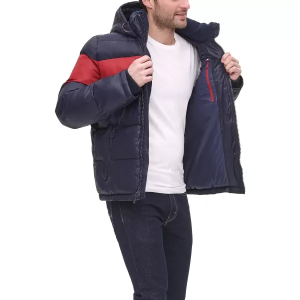 Tommy Hilfiger Mens Legacy Hooded Puffer JacketNavyRed Colorblock