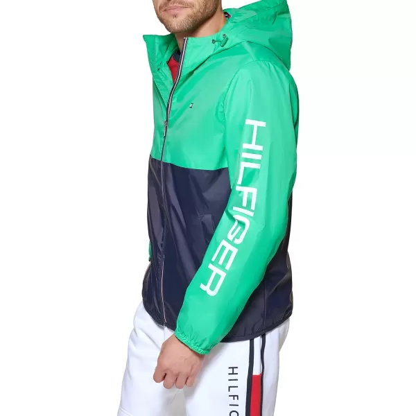 Tommy Hilfiger Mens Lightweight Active Water Resistant Hooded Rain JacketAqua GreenNavy Color Block