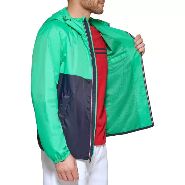 Tommy Hilfiger Mens Lightweight Active Water Resistant Hooded Rain JacketAqua GreenNavy Color Block