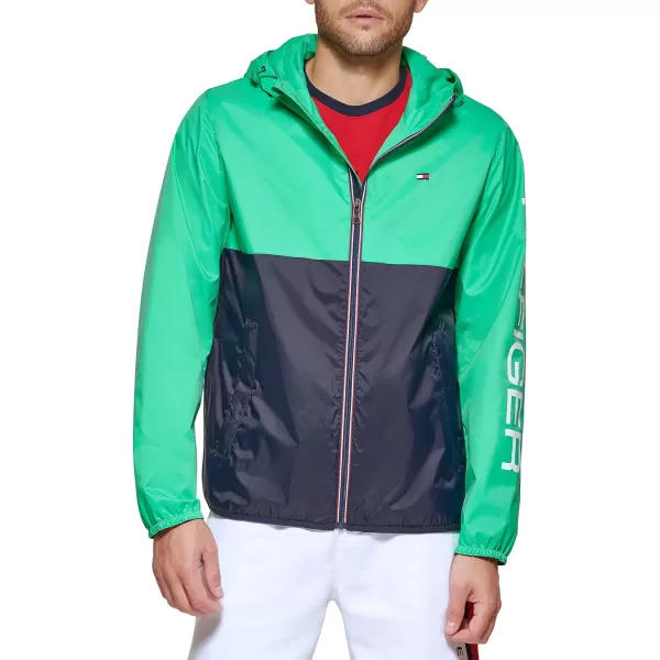 Tommy Hilfiger Mens Lightweight Active Water Resistant Hooded Rain JacketAqua GreenNavy Color Block