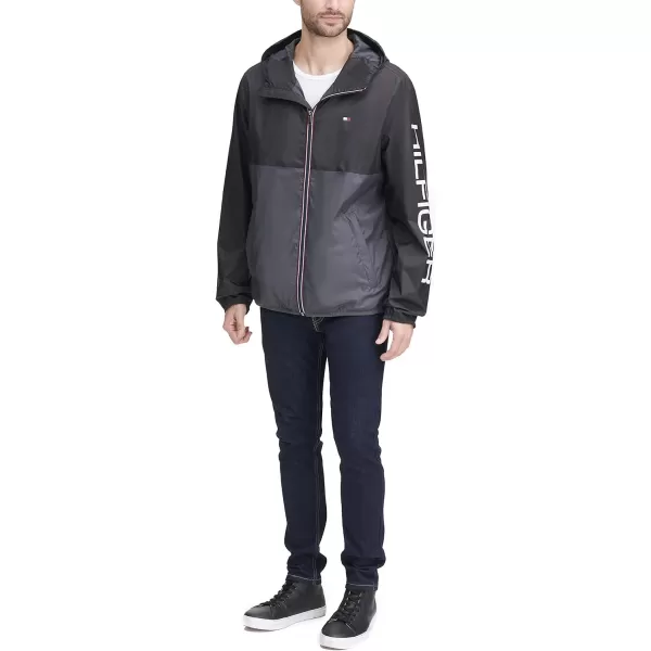 Tommy Hilfiger Mens Lightweight Active Water Resistant Hooded Rain JacketBlackCharcoal Colorblock