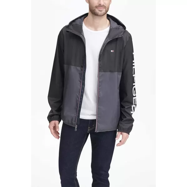 Tommy Hilfiger Mens Lightweight Active Water Resistant Hooded Rain JacketBlackCharcoal Colorblock