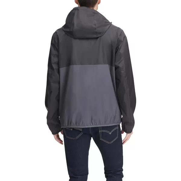 Tommy Hilfiger Mens Lightweight Active Water Resistant Hooded Rain JacketBlackCharcoal Colorblock