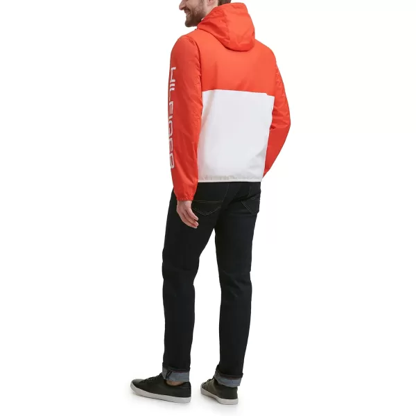 Tommy Hilfiger Mens Lightweight Active Water Resistant Hooded Rain JacketBlood OrangeWhite Colorblock