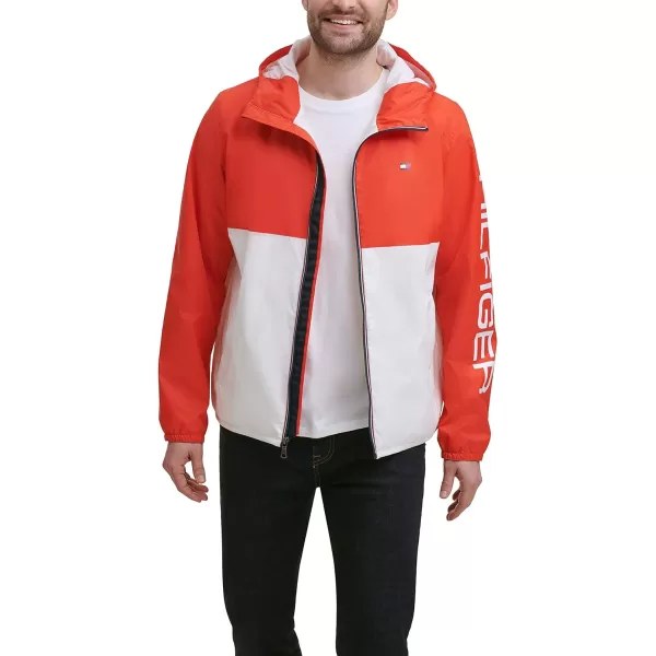 Tommy Hilfiger Mens Lightweight Active Water Resistant Hooded Rain JacketBlood OrangeWhite Colorblock