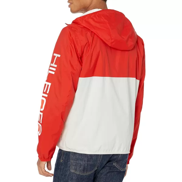 Tommy Hilfiger Mens Lightweight Active Water Resistant Hooded Rain JacketBlood OrangeWhite Colorblock