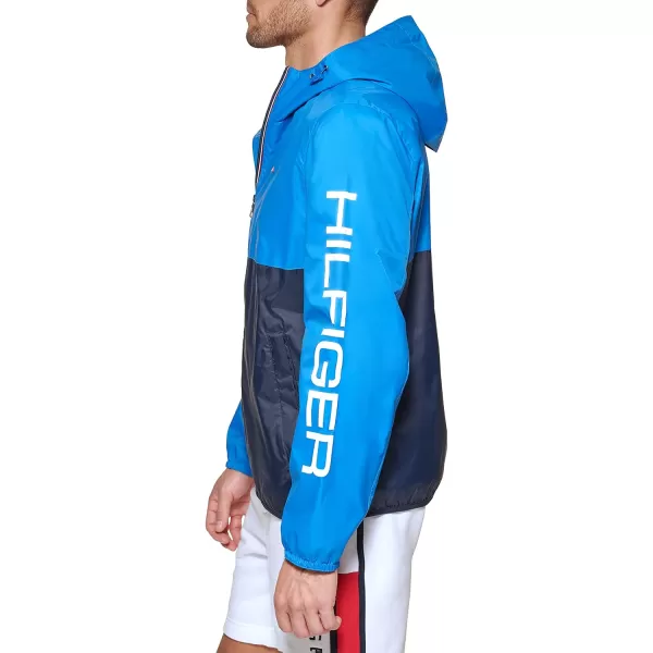 Tommy Hilfiger Mens Lightweight Active Water Resistant Hooded Rain JacketBlueTeal Color Block