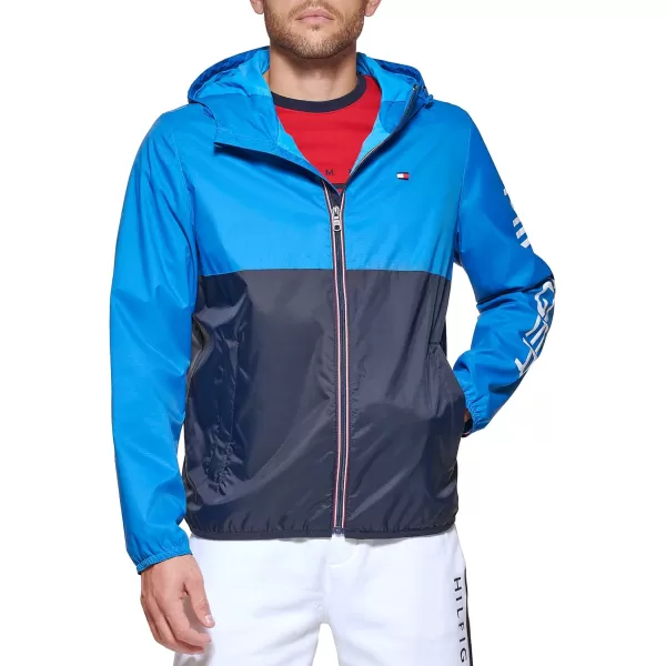 Tommy Hilfiger Mens Lightweight Active Water Resistant Hooded Rain JacketBlueTeal Color Block