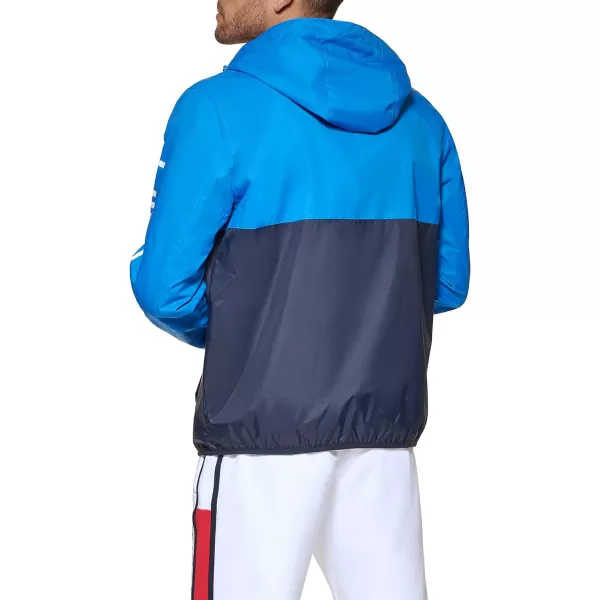 Tommy Hilfiger Mens Lightweight Active Water Resistant Hooded Rain JacketBlueTeal Color Block