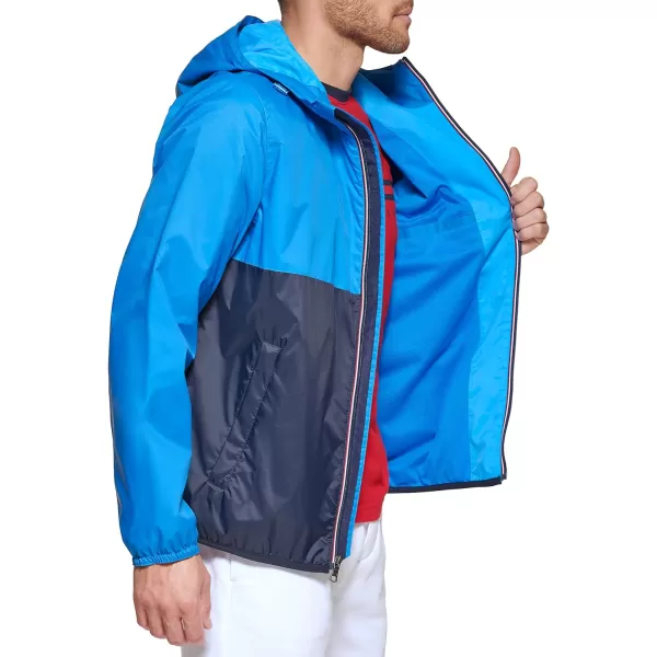 Tommy Hilfiger Mens Lightweight Active Water Resistant Hooded Rain JacketBlueTeal Color Block