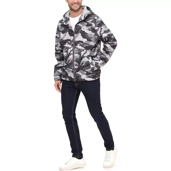 Tommy Hilfiger Mens Lightweight Active Water Resistant Hooded Rain JacketGrey Camouflage