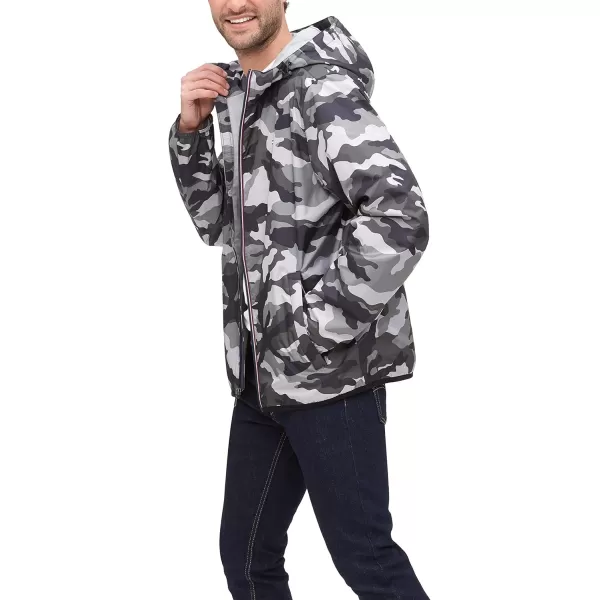 Tommy Hilfiger Mens Lightweight Active Water Resistant Hooded Rain JacketGrey Camouflage