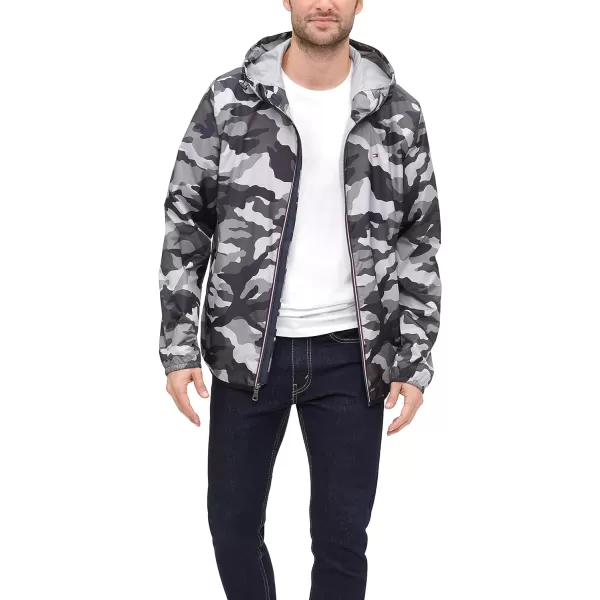 Tommy Hilfiger Mens Lightweight Active Water Resistant Hooded Rain JacketGrey Camouflage