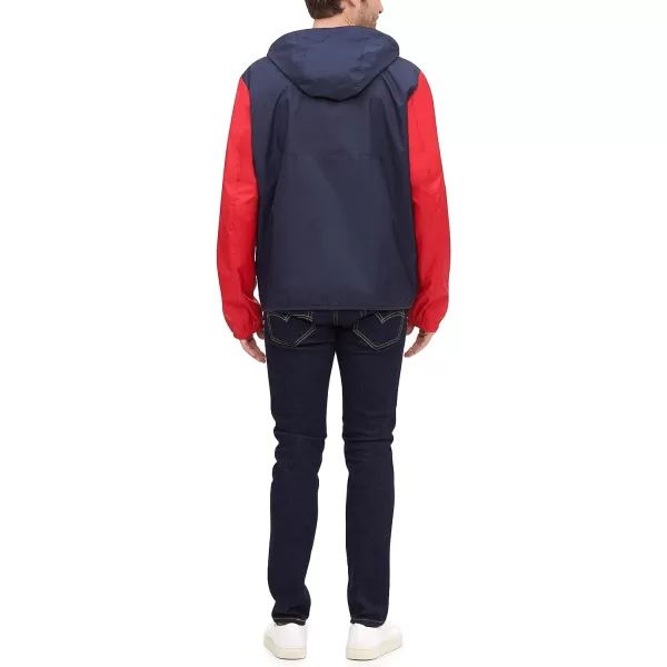 Tommy Hilfiger Mens Lightweight Active Water Resistant Hooded Rain JacketMidnightIceRed Colorblock