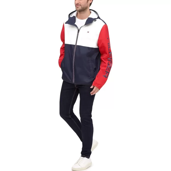 Tommy Hilfiger Mens Lightweight Active Water Resistant Hooded Rain JacketMidnightIceRed Colorblock