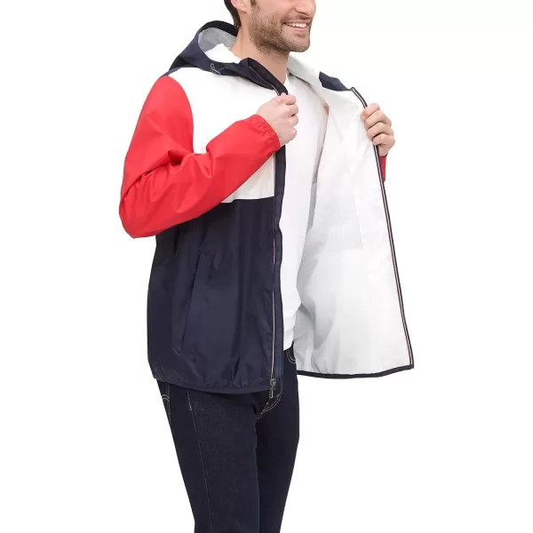 Tommy Hilfiger Mens Lightweight Active Water Resistant Hooded Rain JacketMidnightIceRed Colorblock