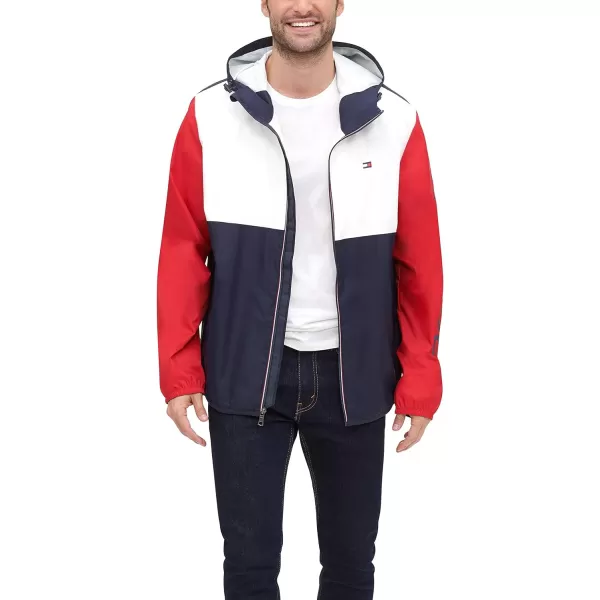 Tommy Hilfiger Mens Lightweight Active Water Resistant Hooded Rain JacketMidnightIceRed Colorblock