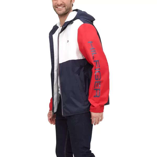 Tommy Hilfiger Mens Lightweight Active Water Resistant Hooded Rain JacketMidnightIceRed Colorblock