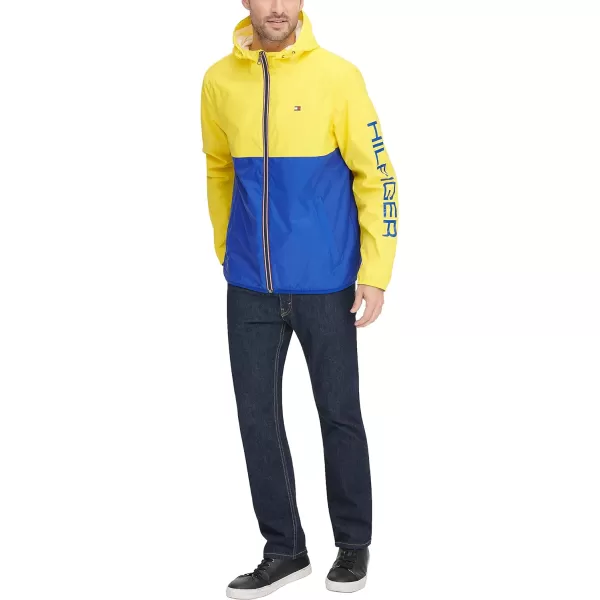 Tommy Hilfiger Mens Lightweight Active Water Resistant Hooded Rain JacketNeon YellowBlue Colorblock