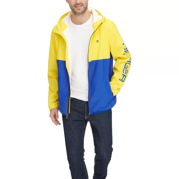 Tommy Hilfiger Mens Lightweight Active Water Resistant Hooded Rain JacketNeon YellowBlue Colorblock