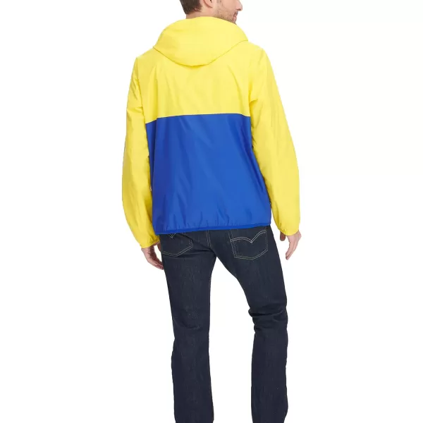 Tommy Hilfiger Mens Lightweight Active Water Resistant Hooded Rain JacketNeon YellowBlue Colorblock