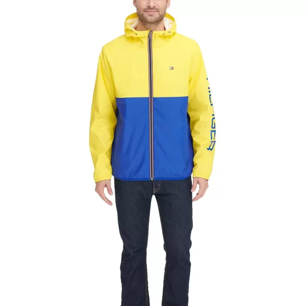 Tommy Hilfiger Mens Lightweight Active Water Resistant Hooded Rain JacketNeon YellowBlue Colorblock