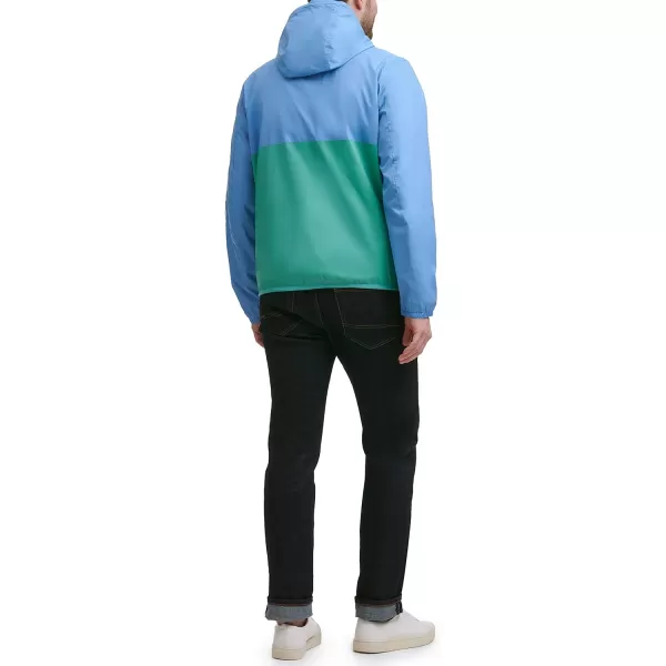 Tommy Hilfiger Mens Lightweight Active Water Resistant Hooded Rain JacketPastel BlueGreen Colorblock