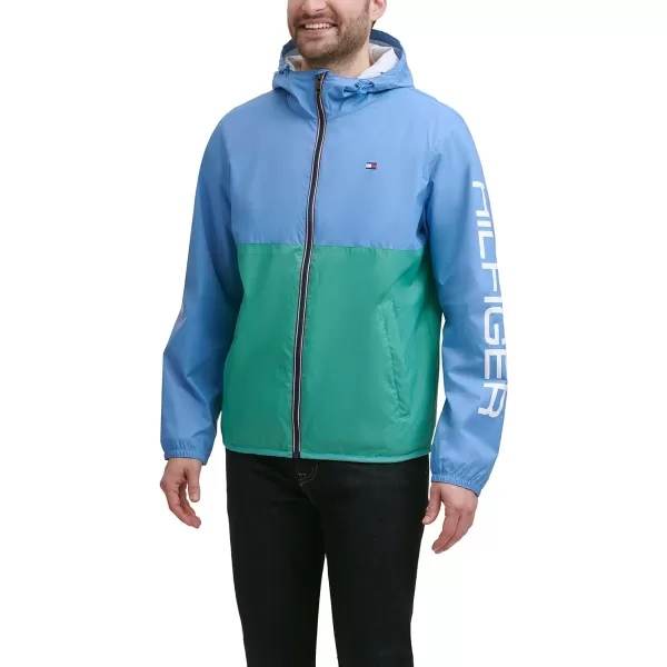 Tommy Hilfiger Mens Lightweight Active Water Resistant Hooded Rain JacketPastel BlueGreen Colorblock