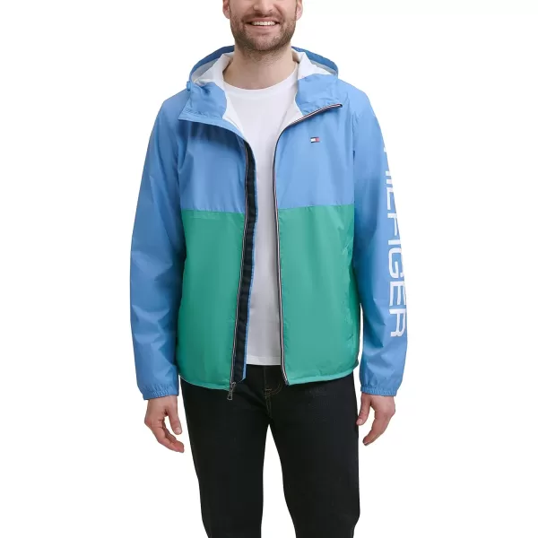 Tommy Hilfiger Mens Lightweight Active Water Resistant Hooded Rain JacketPastel BlueGreen Colorblock