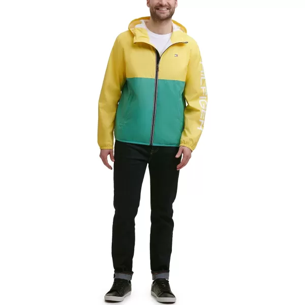 Tommy Hilfiger Mens Lightweight Active Water Resistant Hooded Rain JacketPastel YellowGreen Colorblock