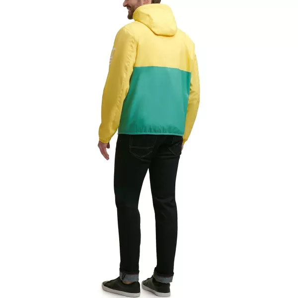 Tommy Hilfiger Mens Lightweight Active Water Resistant Hooded Rain JacketPastel YellowGreen Colorblock